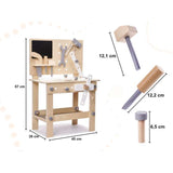 Wooden craftsman's workbench with tools and constructor