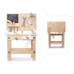 Wooden craftsman's workbench with tools and constructor