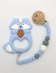 Pacifier holder with silicone raccoon chewer